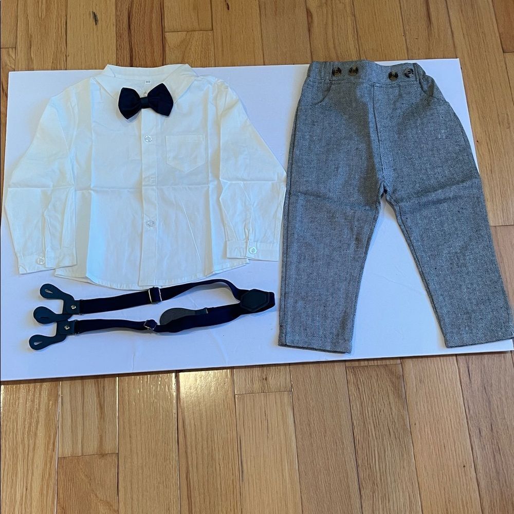 White Shirt and Gray Pants 3 piece  Set with navy Blue  Bow Tie and suspenders